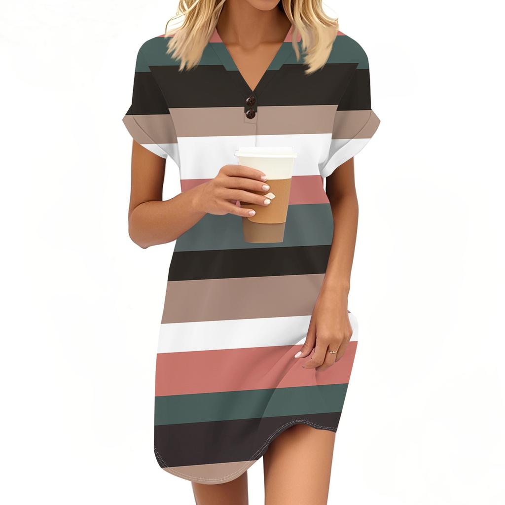 Women's Fashion V-neck Striped, Polka Dot Print Pull-head Casual Button Dress