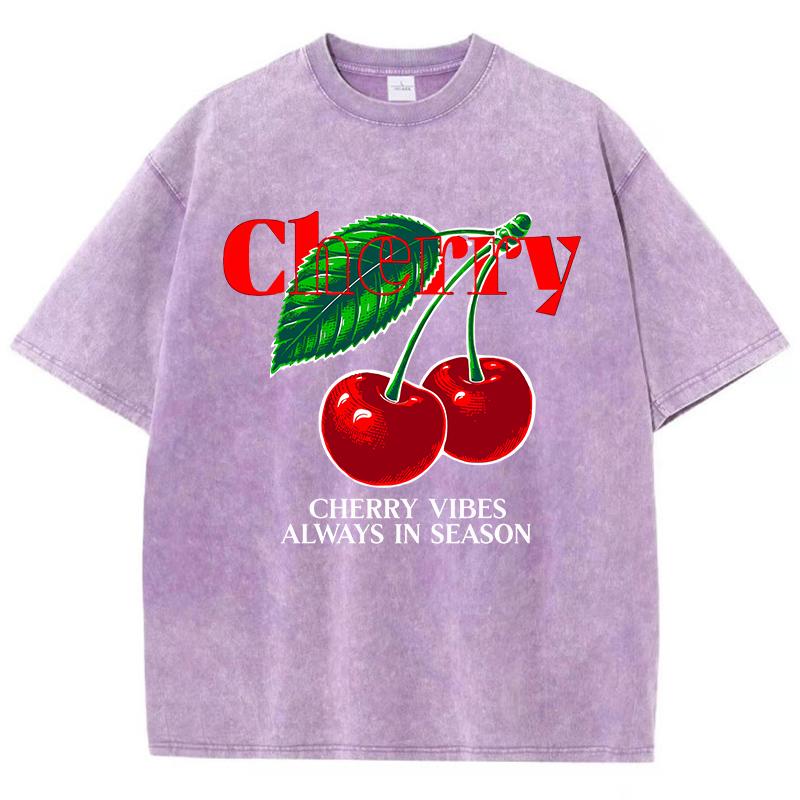 Casual Womens Acid Wash T-Shirts Cherry Vibes Always In Season Prints Tees Distressed Oversize Cotton Short Sleeve Clothes