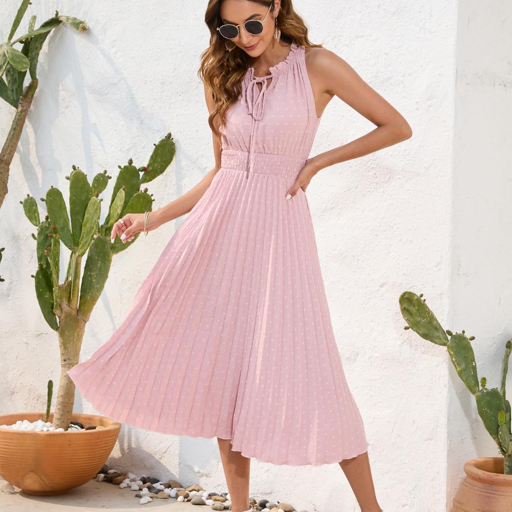 GMXIA New Style Tie High Waist Pleated Hair Ball Dress Sleeveless Summer Dress Casual Vacation Travel Skirt