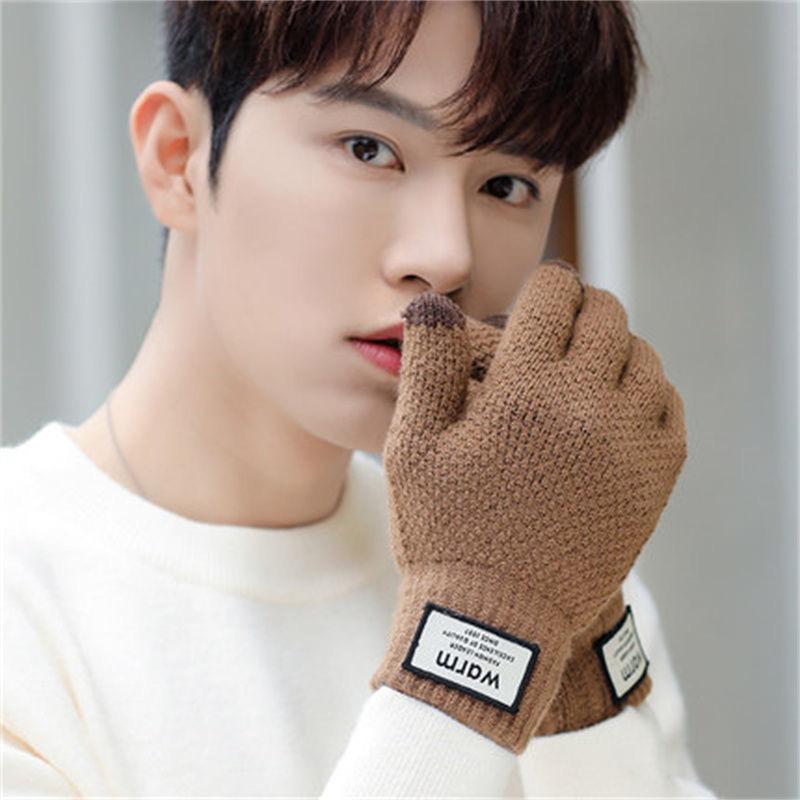 Men's gloves winter students cold and warm Korean version cute five-finger touch screen wool gloves thickened handsome cycling