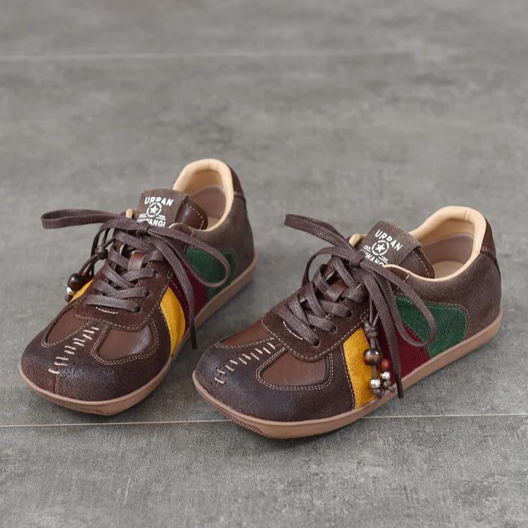 Johnature Flat Lace Up Women's Shoes Genuine Leather Retro Mixed Colors Versatile All Season Shoes