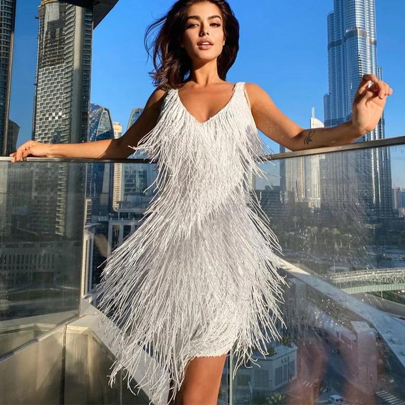 Fashion Shiny Sequin Tassel Women's Dresse Sexy V-neck SleevelessTight Fitting Dresses Women Retro Elegant Glitter Party Beach Dress