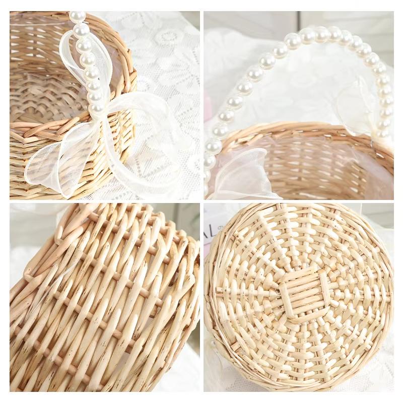 Handwoven Basket With Pearl Handle Wicker Rattan Picnic Natural Woven Storage Basket Wedding Birthday Party Flower Basket Decor