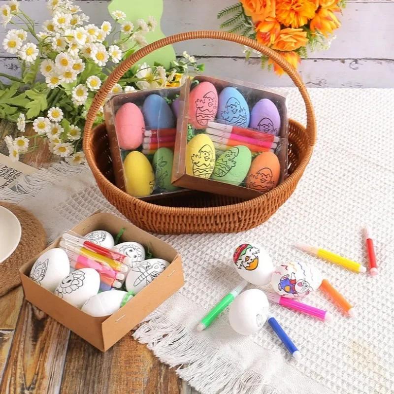 1-20Sets Easter Decoration 2025 DIY Hand Painted Eggs 6 Pcs Cartoon Bunny Eggs Kids Hand Painted Set Gift Home Decoration