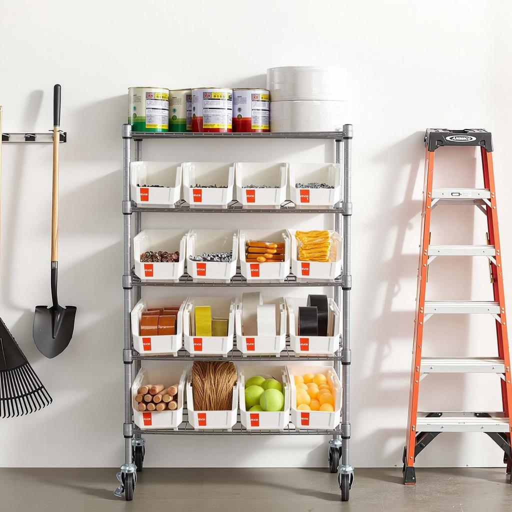 5-Tier Rolling Bin Storage Rack, 16 Organizer Bins, Bin Rack Storage Steel Wire Shelving System with Wheels, Mobile Tool Organizer for Garage,