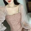 2026 Women's Elegant Mid-Length Mesh Splice Dress - Spring/Autumn, Waist-Cinched, Long Sleeve, Little Fragrance Style.
