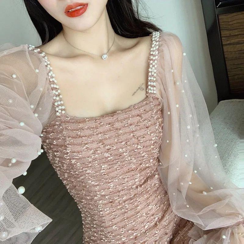 2026 Women's Elegant Mid-Length Mesh Splice Dress - Spring/Autumn, Waist-Cinched, Long Sleeve, Little Fragrance Style.