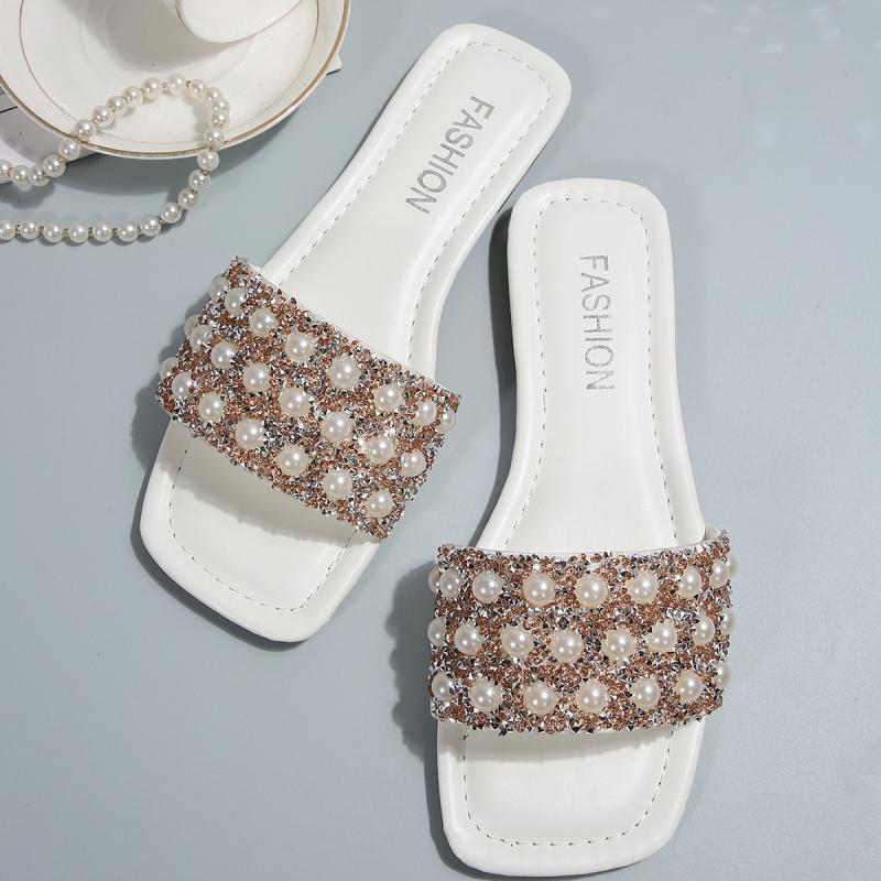Sandali Slip-On da Donna con Cinturino in Perline, Designer di Marca di Moda, Tacco Basso, Ciabatte da Donna, Scarpe da Spiaggia Glitter Oro Rosa di Lusso Estate 2025