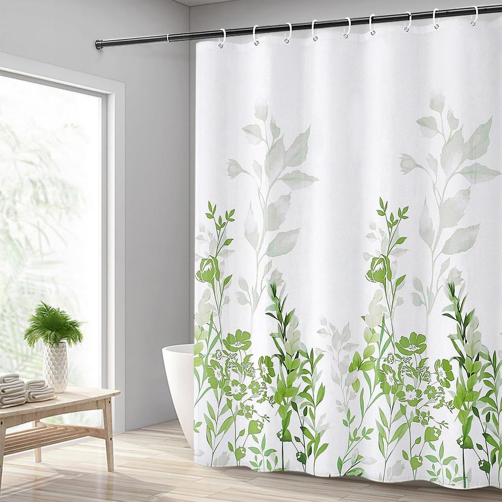 Green flower pattern shower curtain 180x 210cm, washable waterproof polyester bathroom decorative shower curtain with 12 hooks,