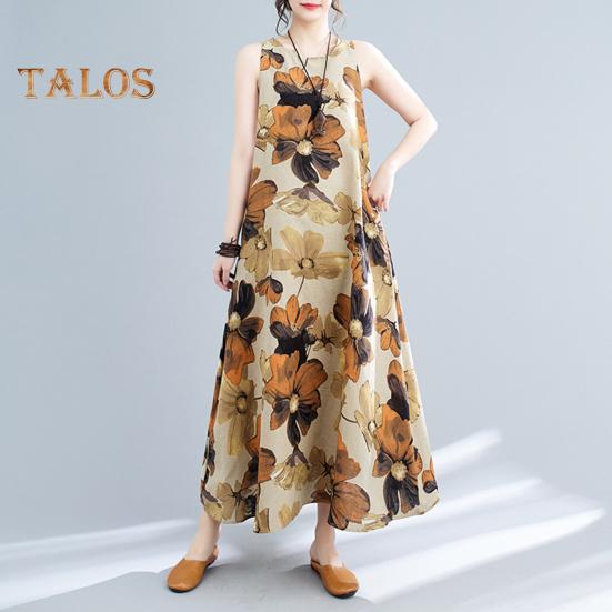 Boho Plus Size Cotton Linen Dress for Women Summer Sleeveless Printed Loose Long Dress Casual Round Neck Maxi Tank Dress