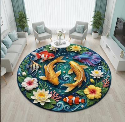 Feng Shui Koi Fish Rug Floral Pisces Zodiac Mat Good Luck Floor Carpet Round Carpet Non-Slip Floor Living Room Bedroom Mats