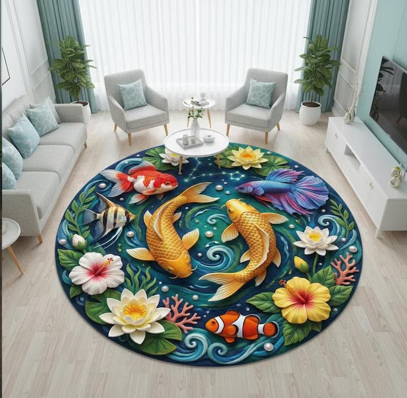 Artistic Pisces Zodiac Rug, 3D Relief Koi Pond Mat, Unique Floor Carpet Round Carpet Non-Slip Floor Living Room Bedroom Mats