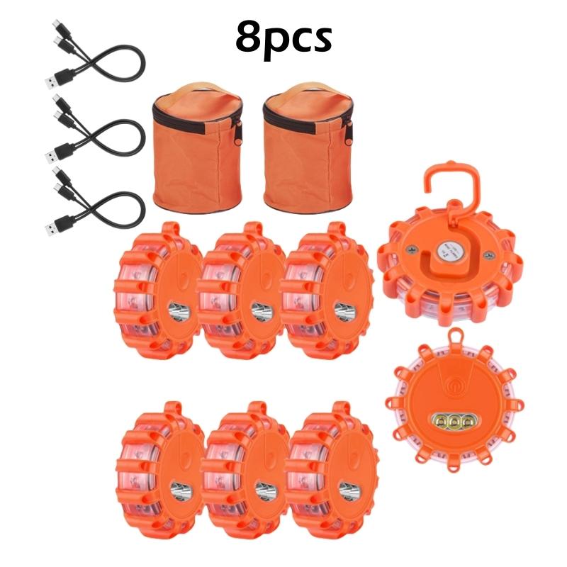 Rechargeable LED Road Flares Roadside Emergency Lights For Vehicles Flashing Flare Beacon Disc Magnetic Base&Hook USB-C Cable