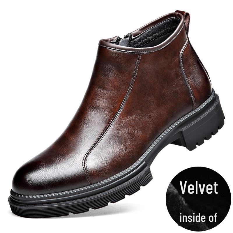 

Мужские кожаные ботинки челси в римском стиле в стиле ретро с боковой молнией - зимняя теплая бархатная модель в деловом стиле. Size 40