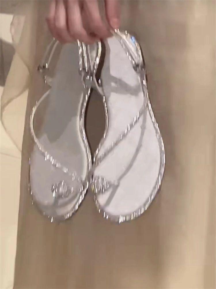 Ladies Sparkling One Word Summer with French Fairy Cool Slippers for Outer Wear, Fine Strap, New Flat Sandals, Water Diamond Set, Toe