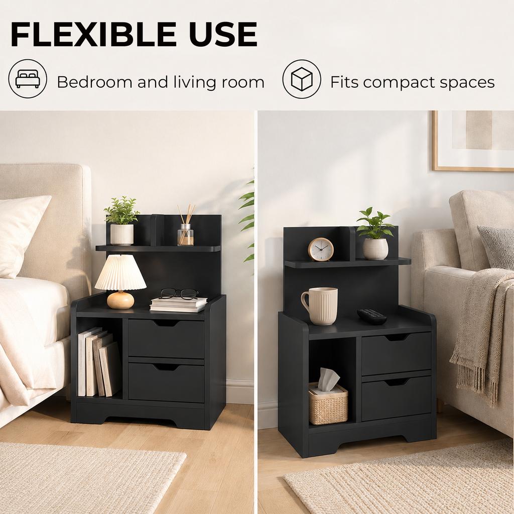 Bedside Table, Small Bedside Cabinet with 2 Drawers and Storage Shelves for Bedroom, Black Wood Effect