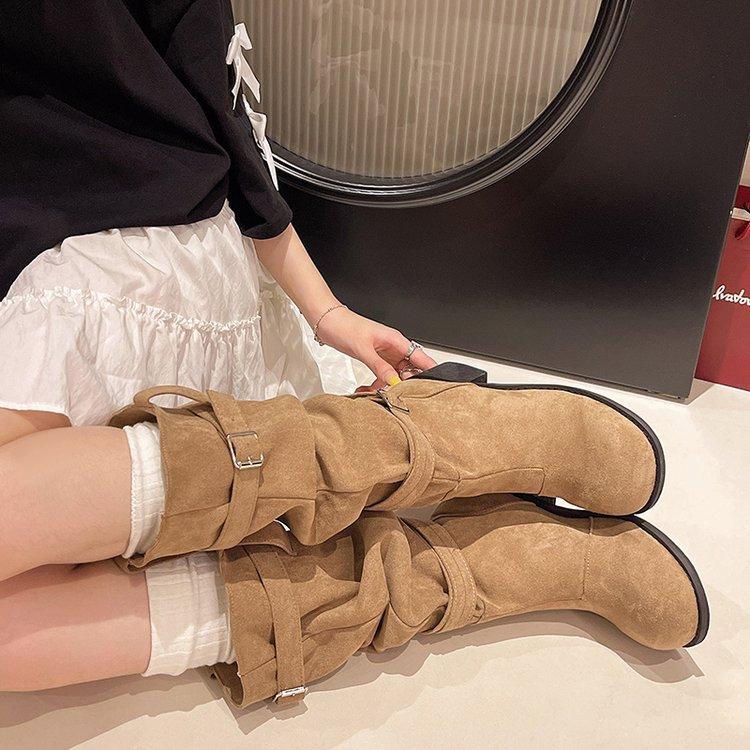 

[Youshilai] Western Boots Women s Autumn Thick Root Boots Skinny Pile Knight Boots Maillard Boots Women 35