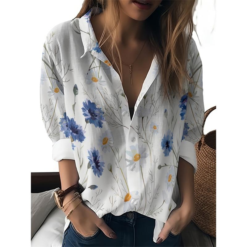 Womens Summer Shirt Fun Printed Lapel Shirt Casual Outdoor Loose Large Size Shirt Fashion Comfortable Breathable Long Sleeve Top
