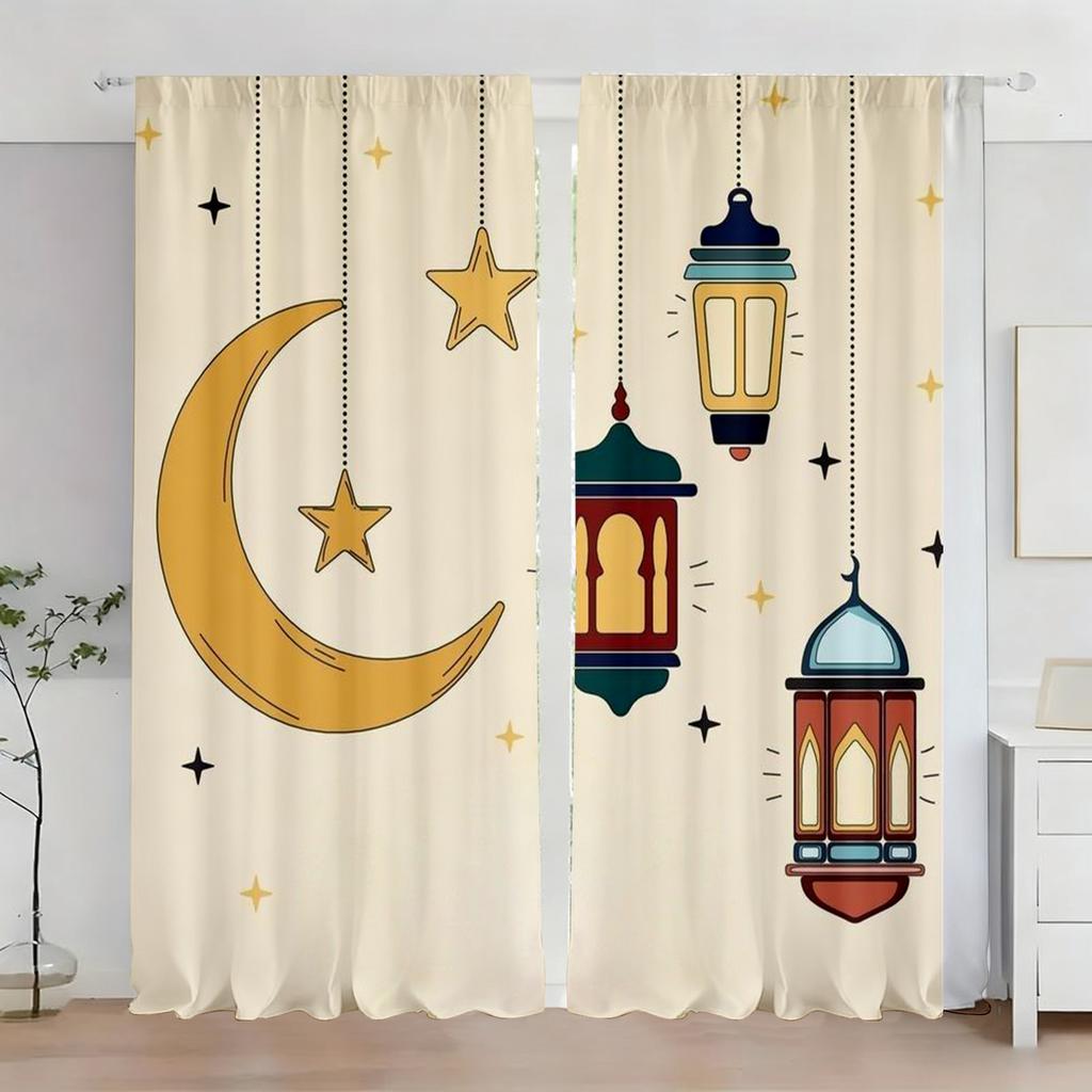 2pcs Cute Crescent Moon & Lantern Curtains Islamic Festival Design Sheer Light-Filtering Fabric Living Room Bedroom Window Decor