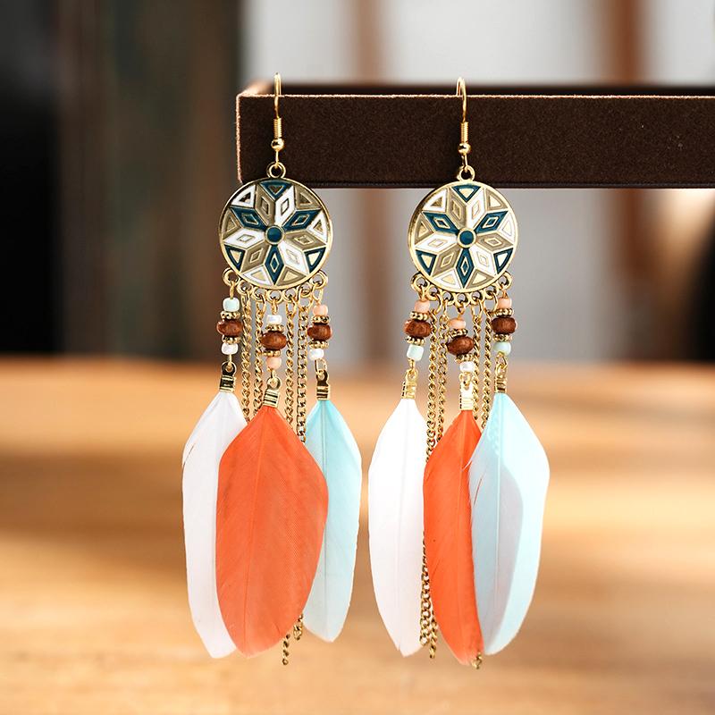 Modische Böhmische Bunte Federohrringe für Damen Ethnischer Stil Lange Geometrische Ohrringe Damen Schmuck Accessoires Geschenk