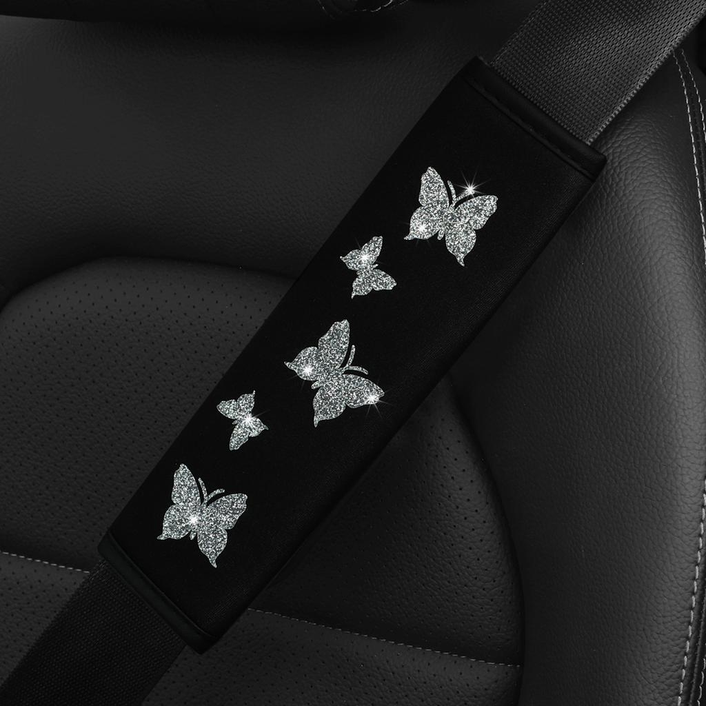 1 Glitter Pink Butterfly Blingling Fabric Automotive Supplies Seat Belt Shoulder Cover Comfortable Anti-tightening Safety Belt