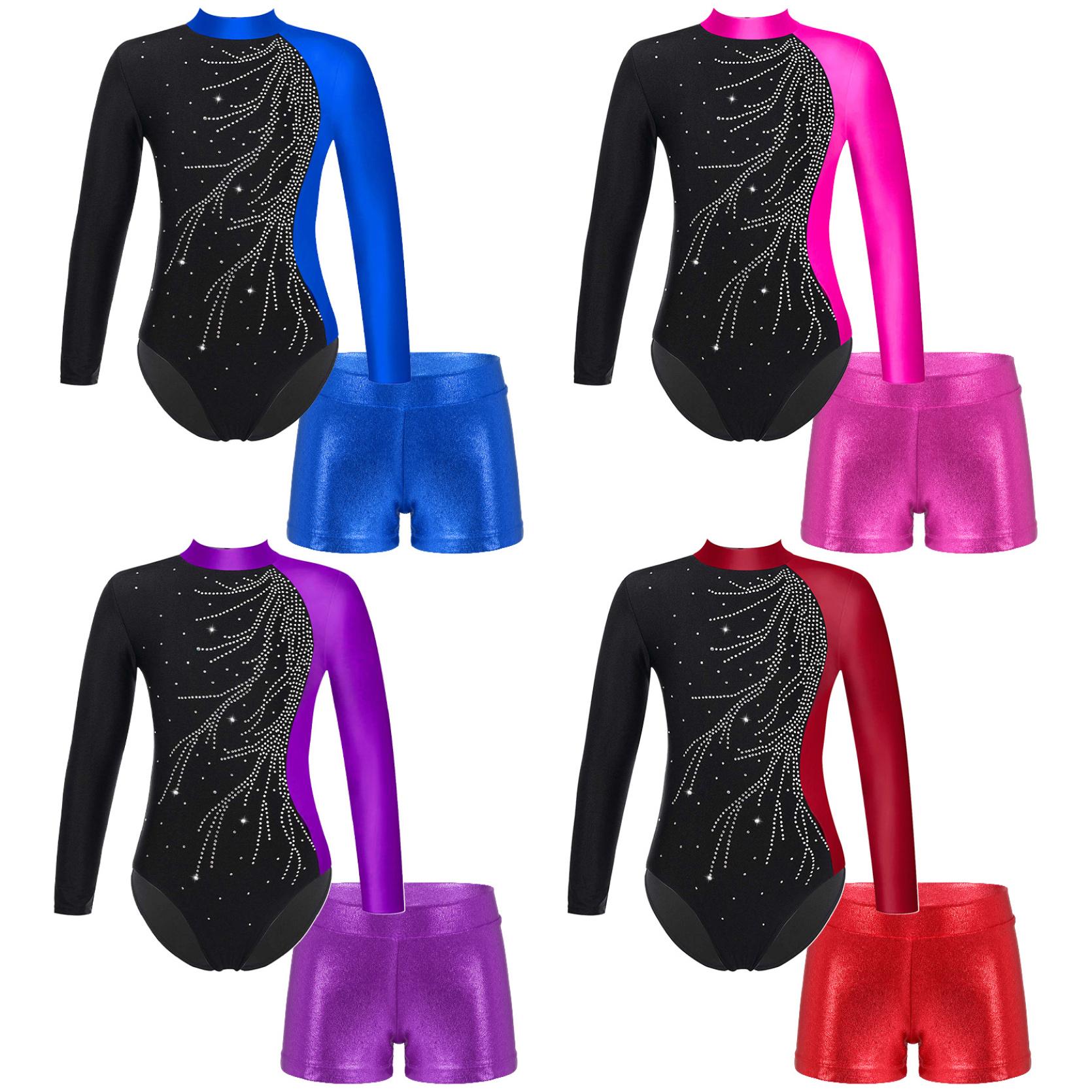 

Тренировочный купальник для танцев с имитацией шеи для девочек, боди, комбинезон и шорты с искусственными бриллиантами, украшенный замочной скважиной на спине