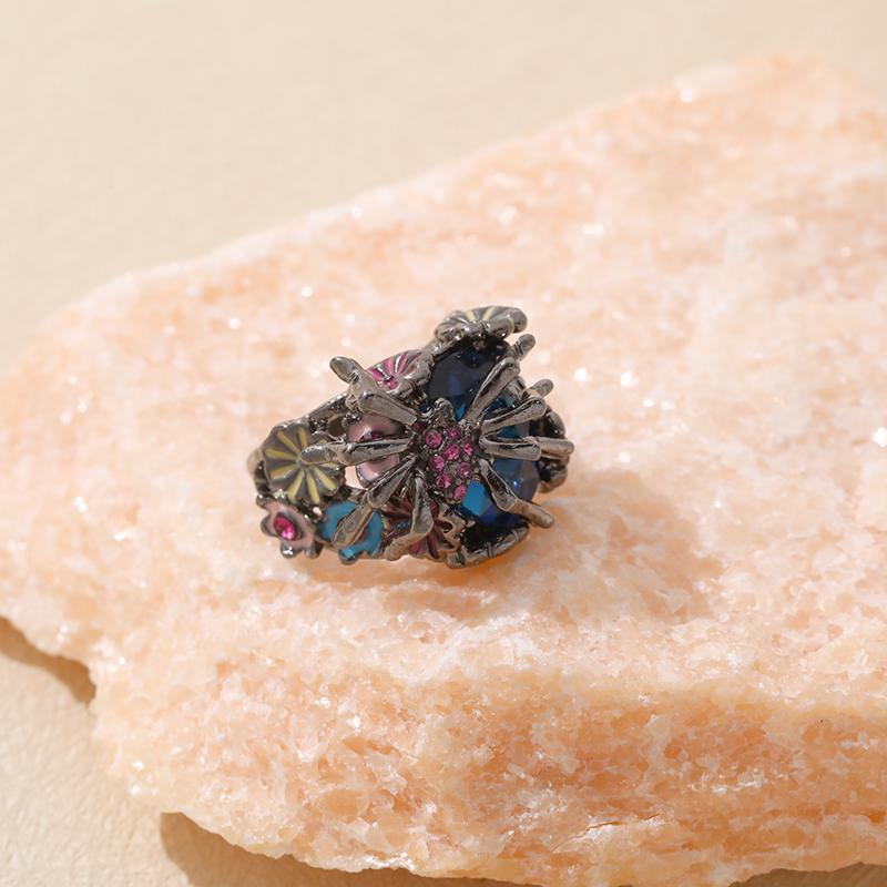 Huajie Cosplay Rings Spider Climbing Zircon Colorful Flower Creative Women's Ring Party Trend