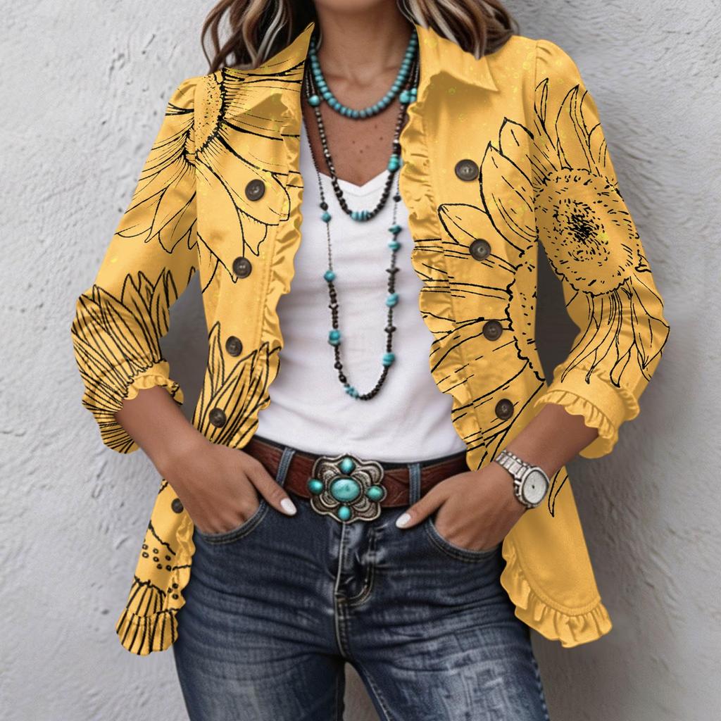 Women's Fashion Floral Print Long Sleeve Ruffle Button Down Blouse for Casual Wear