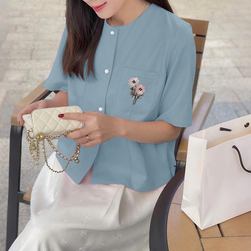 ZANZEA Women Floral Embroidery Casual Round Neck Short Sleeve Blouse