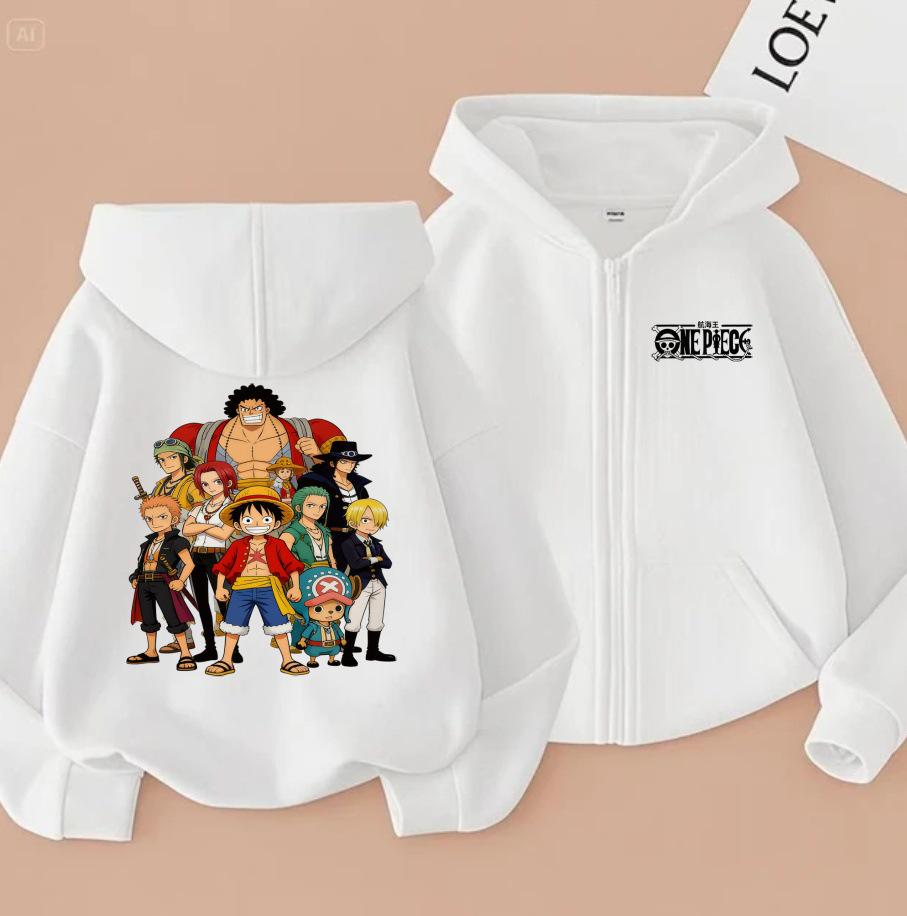 Unisex Kids One Piece Monkey D. Luffy Zipper Hoodie - Straw Hat Pirates Anime Cardigan