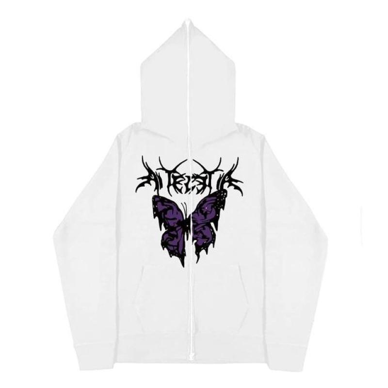 Schmetterlingsdruck-Reißverschlussjacken, Gothic-Stil, Fleece-Hoodies für Damen, Hip-Hop-Streetwear-Cardigan-Mäntel, übergroße lässige Sweatshirts