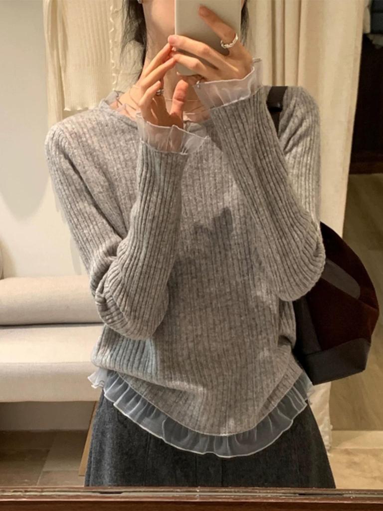 Lace-Trim Wool Knit Bell Sleeve Sweater - Spring/Autumn Long-Sleeve Top