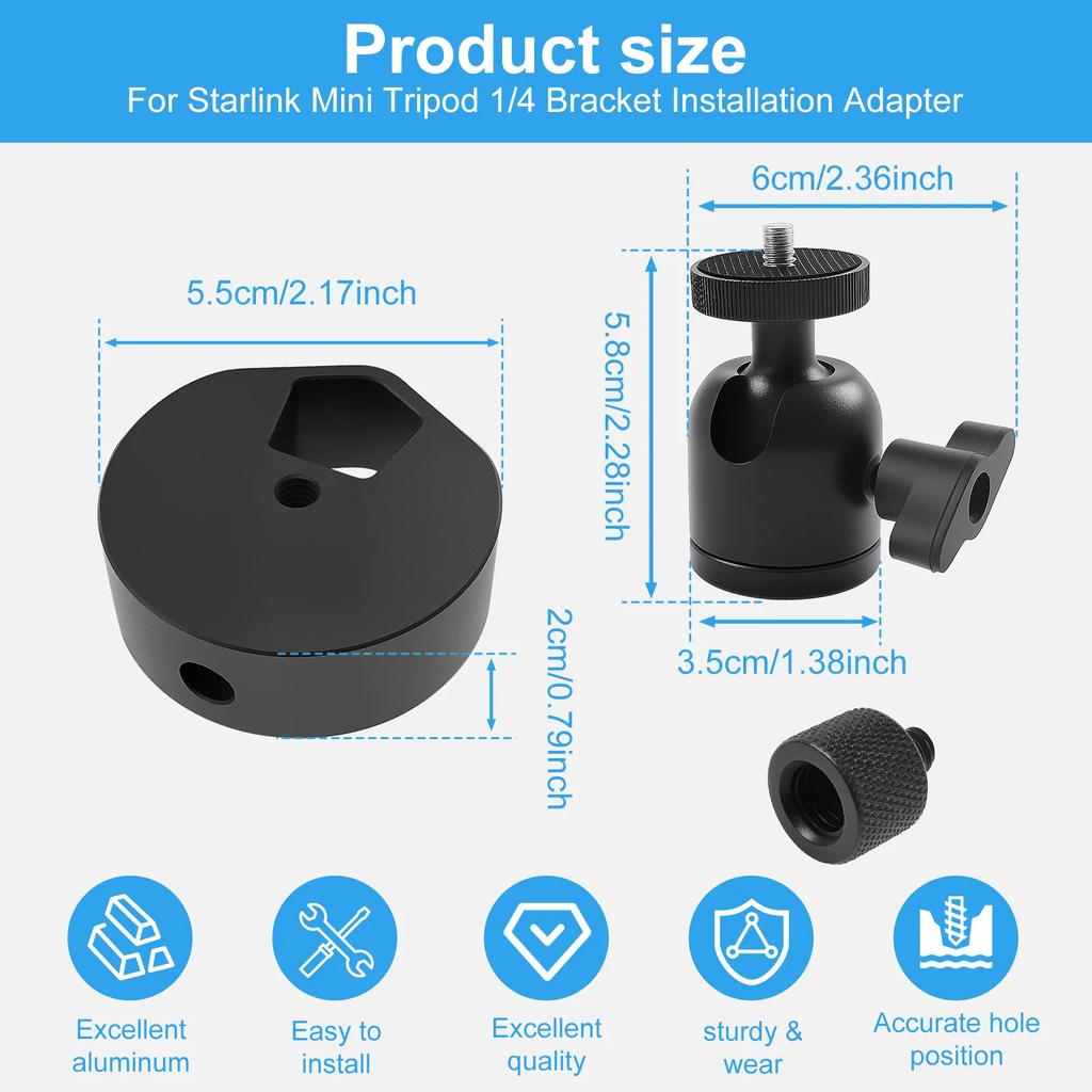 Mini Tripod Mount Adapter for Starlink Aluminium Alloy Mini Tripod Adapter Mount 1/4inch-20 Threads for Outdoor Easy to Install