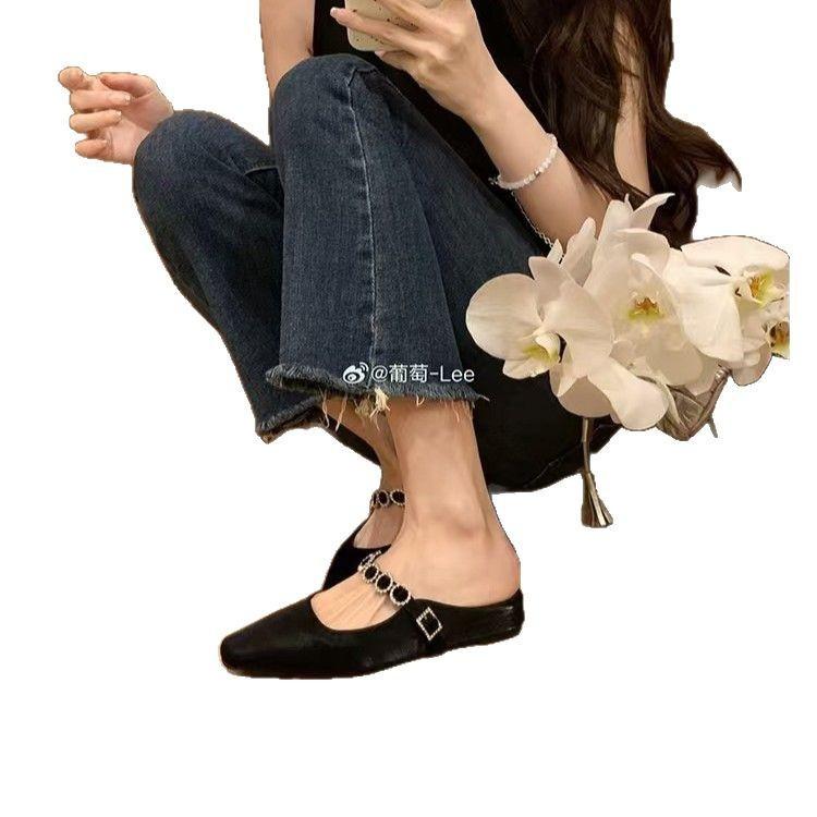 Grape Mother Inner Height Increase French Square Head Word Belt Mary Jane Single Shoes Light Mouth Versatile Muller Half Slippers Women's Sandals