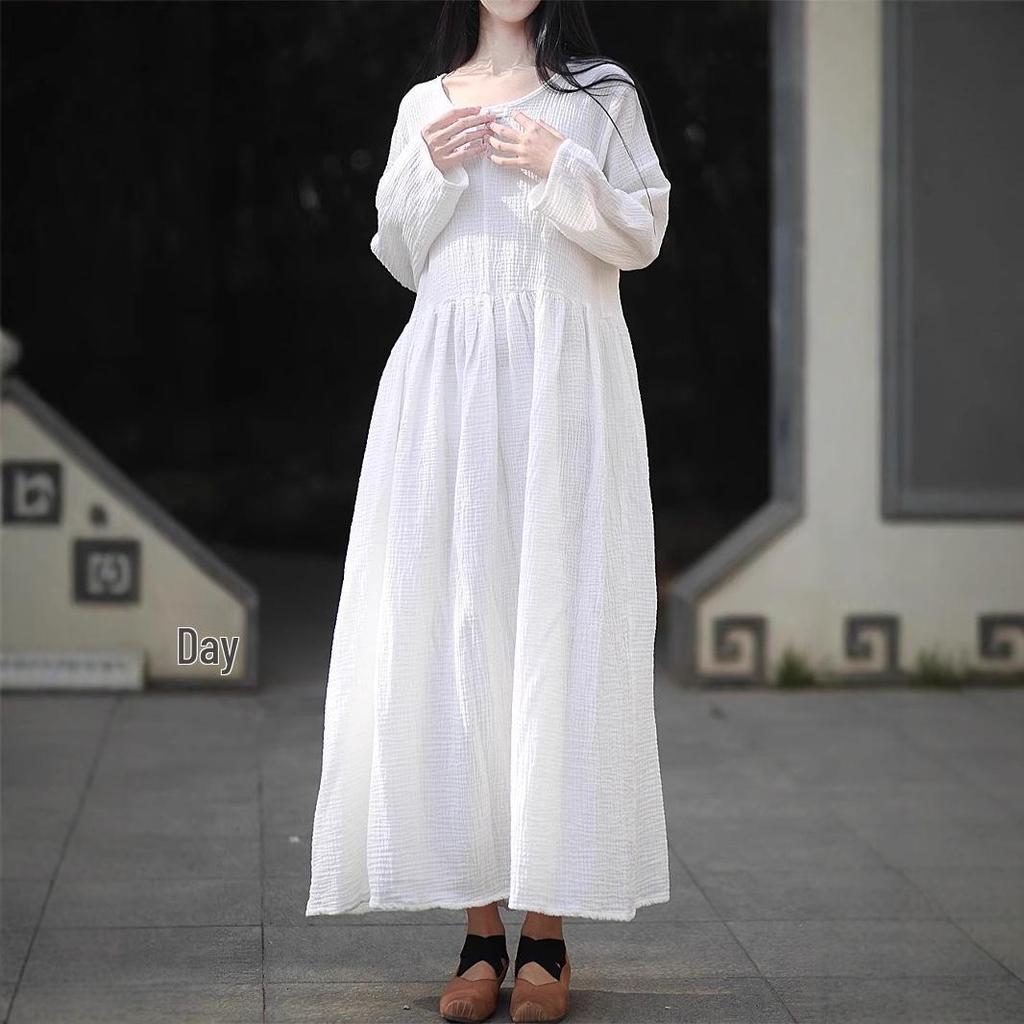 Women's Double-Layer Cotton and Linen Retro Long Dress - Cool, Gentle Style, Available In 4 Colors
