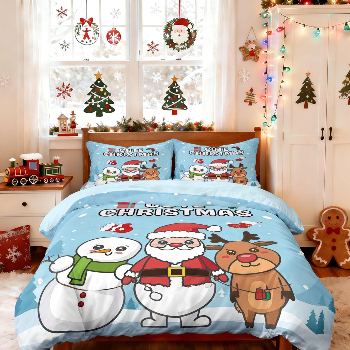 

3 предмета Постельное белье без сердцевины с принтом «Снеговик» «Счастливого Рождества» Спальня в общежитии Несколько размеров Праздничное украшение Машинная стирка 135x200cm-EU-Single&set