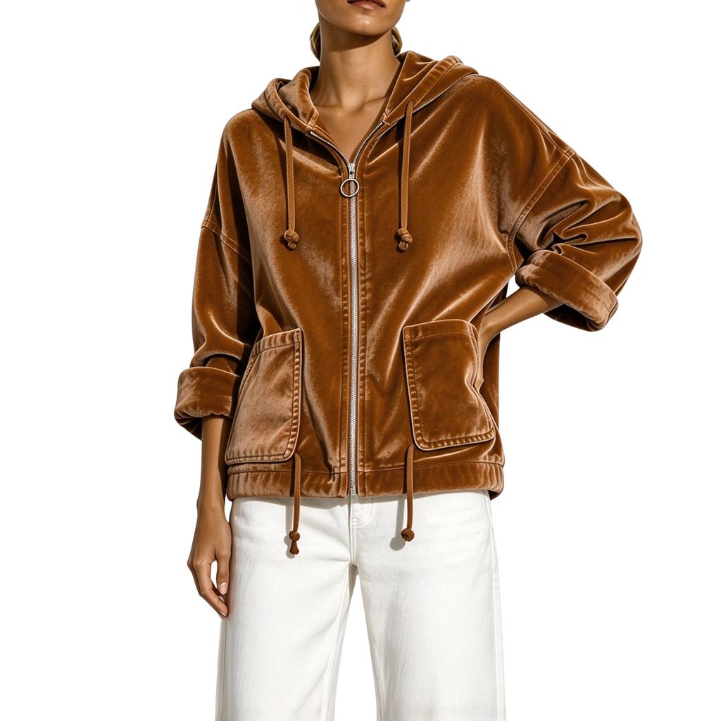Giacca da donna con cappuccio, zip frontale e tasche, a maniche lunghe, per abbigliamento casual