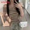 Striped Off Shoulder Sweater For Women With Slim Fit Short Sleeve Knit Top