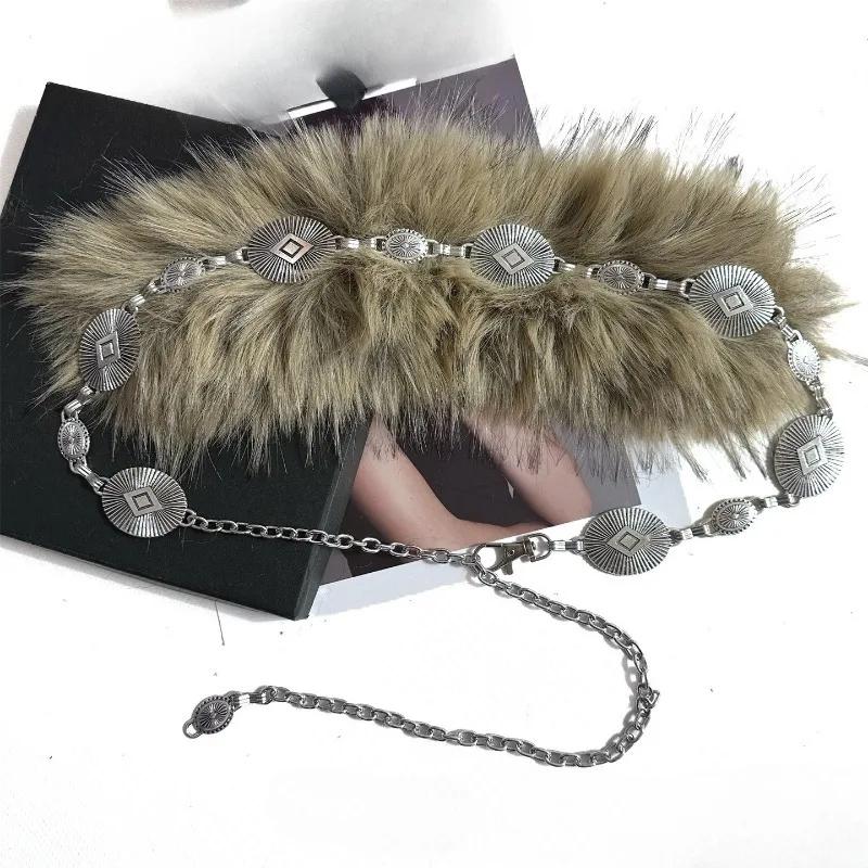 Punk PU Studded Fur Belt Y2k Vintage Faux Fur Rhinestone Patchwork Belt Metal Plush Waist Chain Furry Waistband Jeans Belts