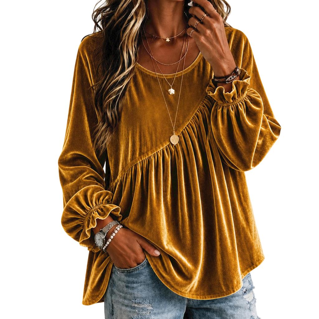 Women's Color Bell Sleeve Top with Round Neck and Long Sleeve