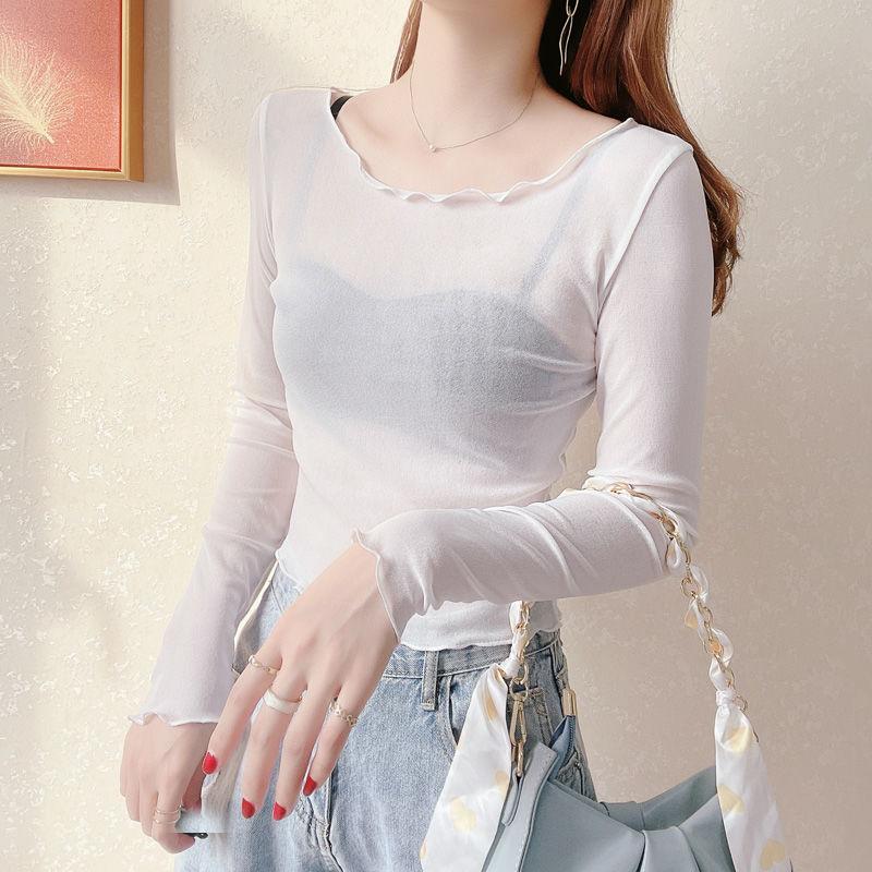 Volánkový límec síťované tričko Dámské tenké krajkové sexy prodyšný pulovr Krátký top opalovací krém Univerzální pohodlná halenka