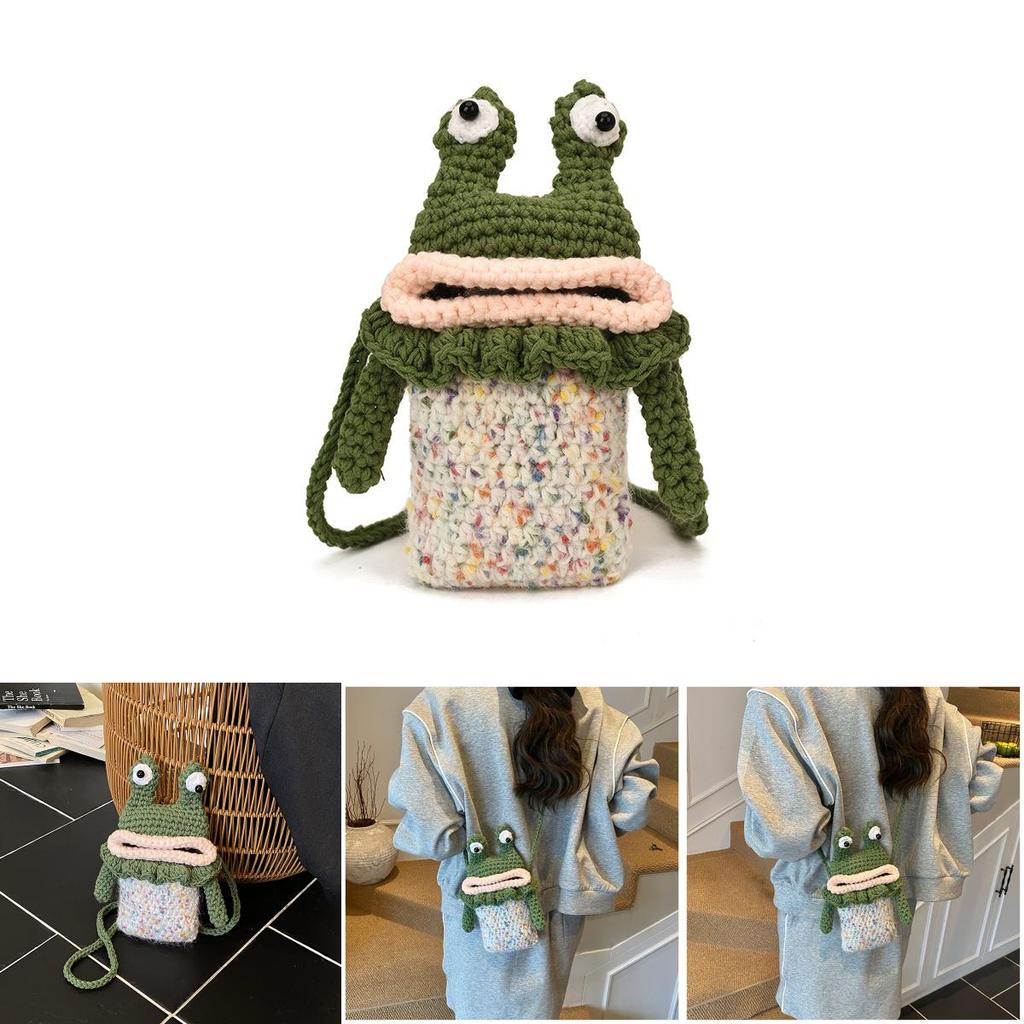 Childrens Green Cotton Knit Frog Mini Crossbody Bag With Soft Structure For Daily Activities