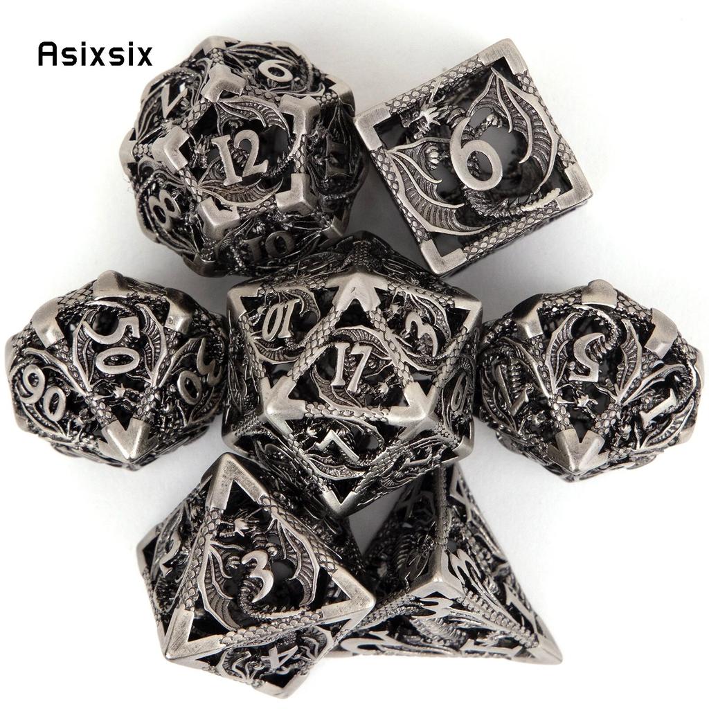 7 ks Silver Dragon Metal Dice Sada dutých kovových mnohostěnných kostek Vhodné pro RPG stolní karetní hru