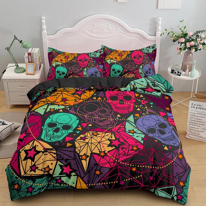 Skull Duvet Cover King Halloween Comforter CoverGothic Fog Smoke Skull Skeleton Bedding SetGrey Quilt Cover Room Decor 2/3pcs