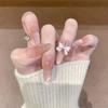 24Pcs Shiny Cat's Eye Pink Full Cover Nail Tips Art Finished Finger False Nails with Diamond Wearable Almond Press on Fake Nails