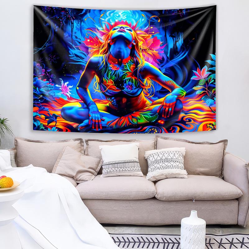 VIKAMA Meditating Goddess Boho Tapestry  Colorful Hair Aesthetic Wall Art For Living Room Bedroom Entryway Decor