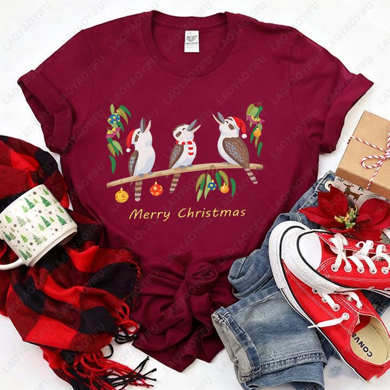 Womens Australian Kookaburra Bird Print TShirt Merry Christmas Australian Theme Tops Casual Blouse for Christmas Party Outfits S