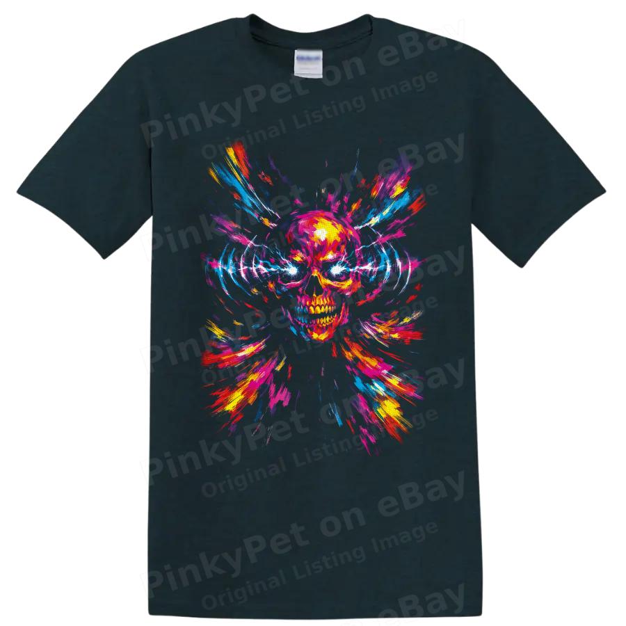 Neon Skull T Shirt w/ Color Splash Abstract Punk Rock Graphic Tee Halloween Art