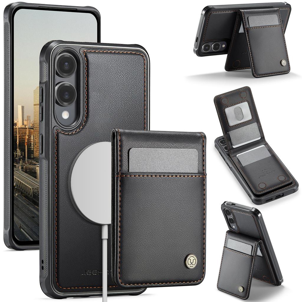 For Samsung Galaxy S25 Edge Leather Back Cover Compatible with MagSafe JEEHOOD J06 Phone Case with Card Bag RFID Blocking