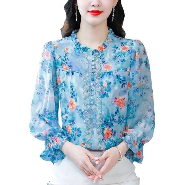 Fashionable Printed Lantern Sleeves Chiffon Shirt Loose Top
